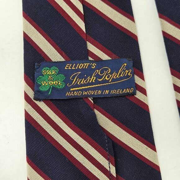 ELLIOTT'S IRISH POPLIN WOOL SILK TIE IRELAND BLUE TAN REPP STRIPE 3.25" X 51" - Picture 4 of 4